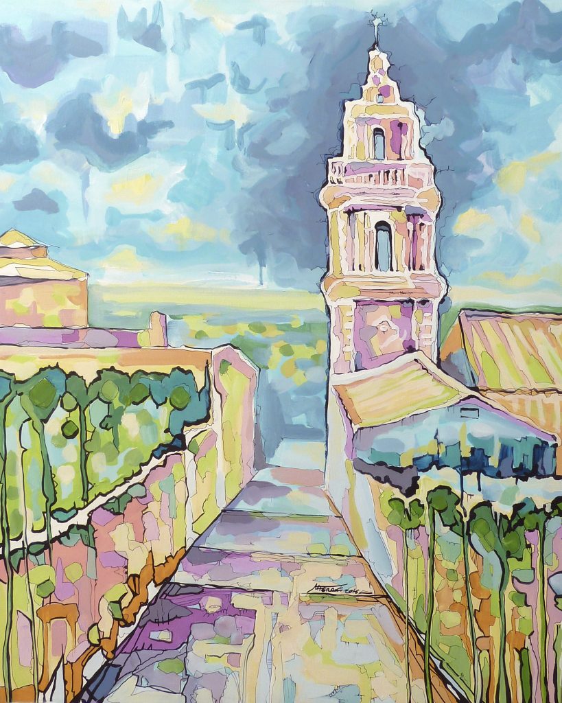 Pintura de acrílico de la obra Amor de la artista María Ferrón. De fondo, Iglesia y Torre de la Merced de Osuna